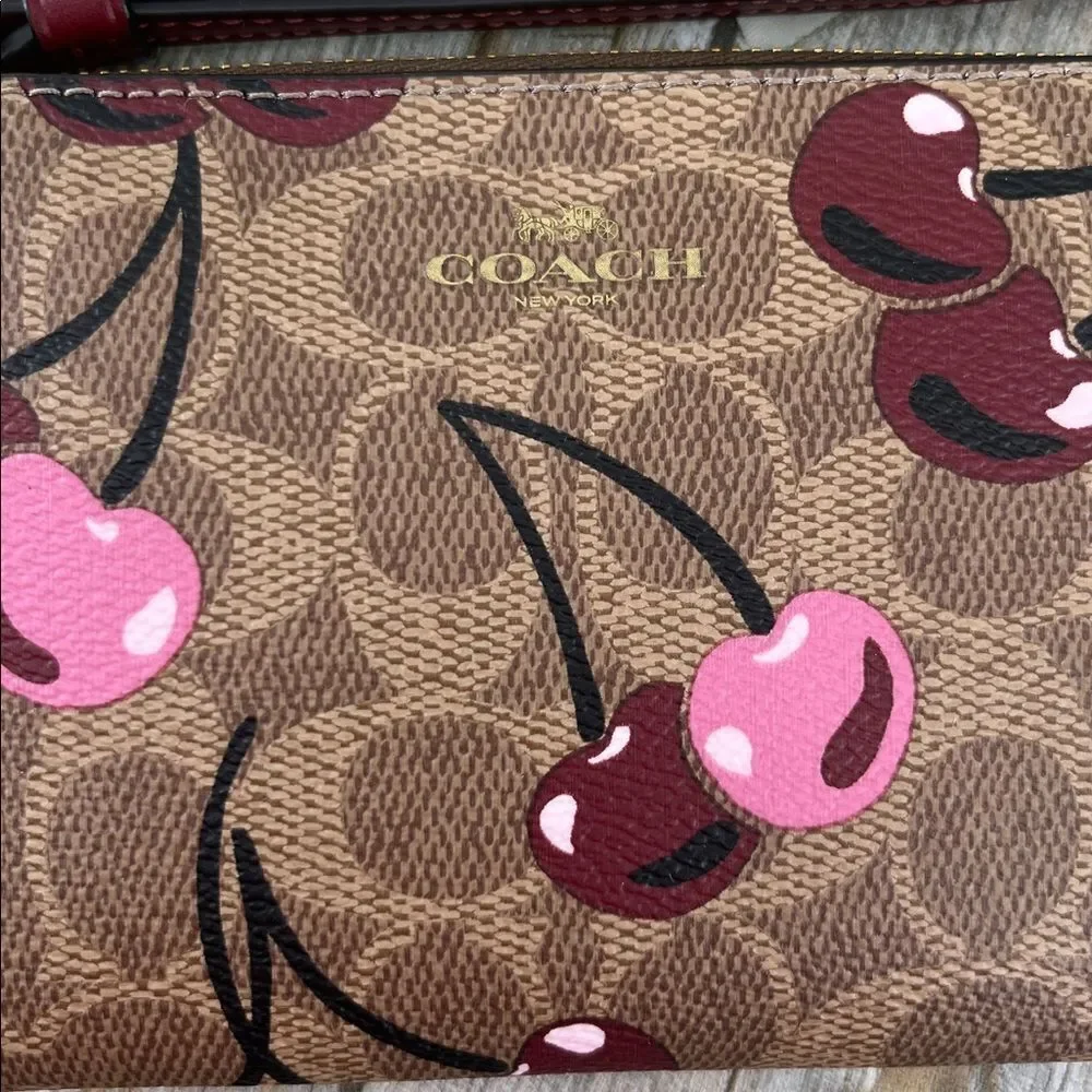 Coach Corner Zip Wristlet In Signature Canvas Cherry Print Wallet Bag Purse